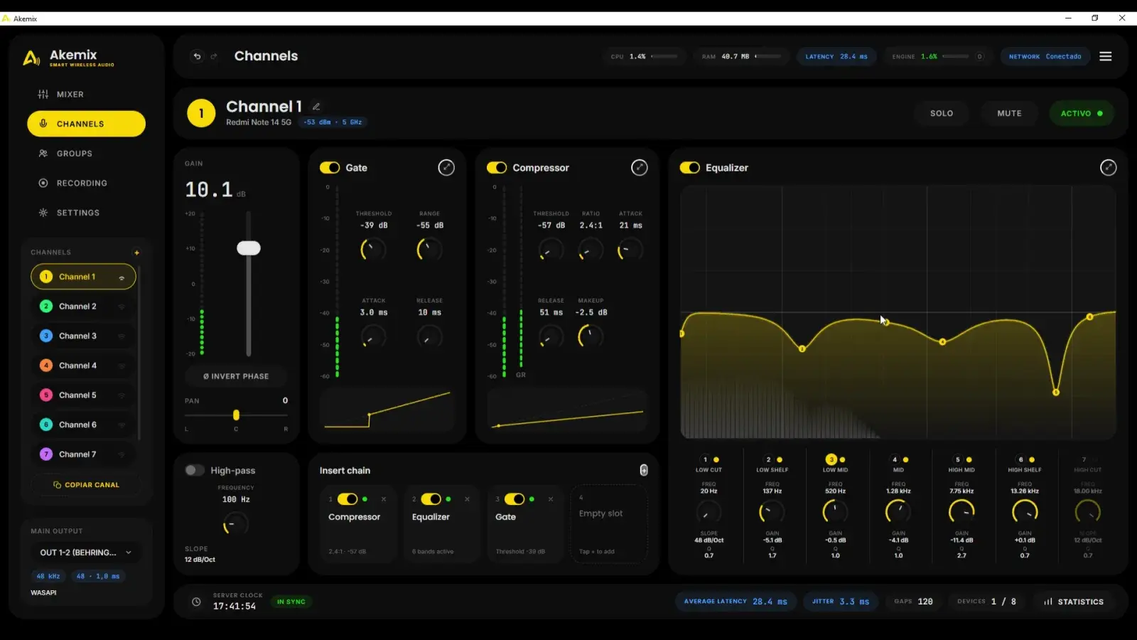 The Akemix console mixing a channel in real time