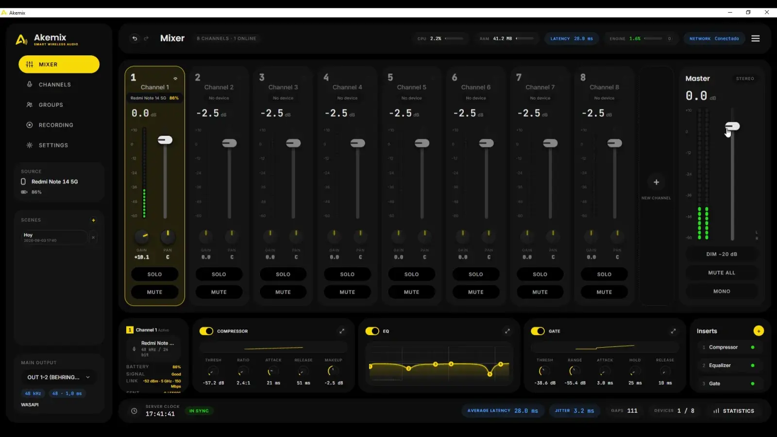 The Akemix console mixing a channel in real time