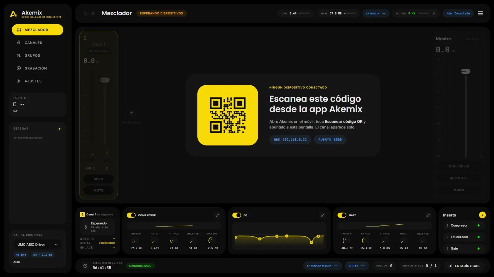 La consola de Akemix mezclando un canal en tiempo real